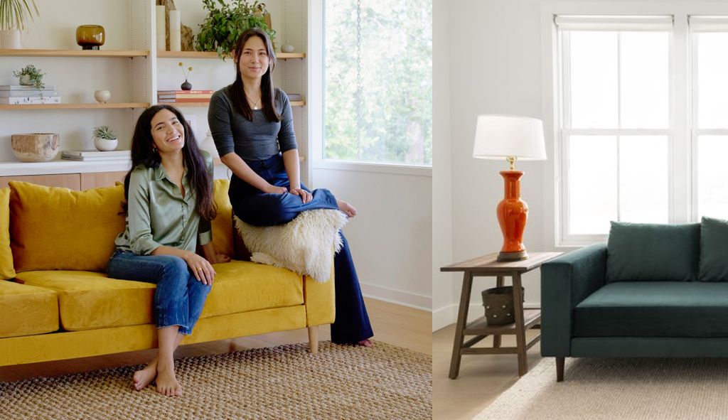 Caitlin Ellen on the left and Phantila Phataraprasit on the right sitting on a yellow couch, smiling