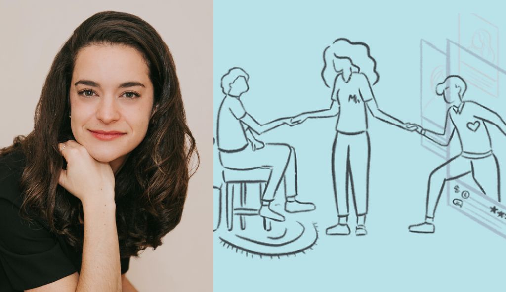 Headshot of Alyssa Petersel on the left and a drawing of 3 people holding hands, representing MyWellBeing bringing together patients and therapists, on the right