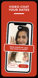 screenshot of Curtain app, showing a video call between two people and a conversation prompt