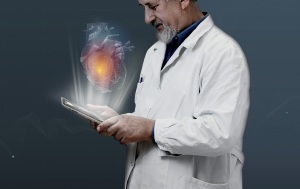 Doctor studying a tablet with a modern image of a heart (the organ).