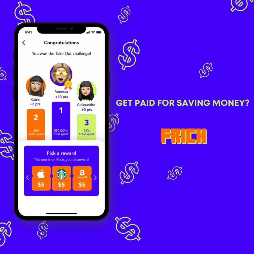 Screenshot of the Frich app next to "Get paid for saving money? Use Frich!"
