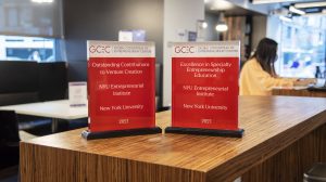 GCEC Awards received by the NYU Entrepreneurial Institute, displayed inside the Institute's home, the Leslie eLab.